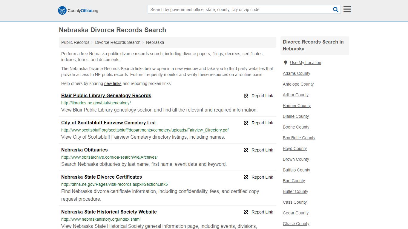 Nebraska Divorce Records Search - County Office